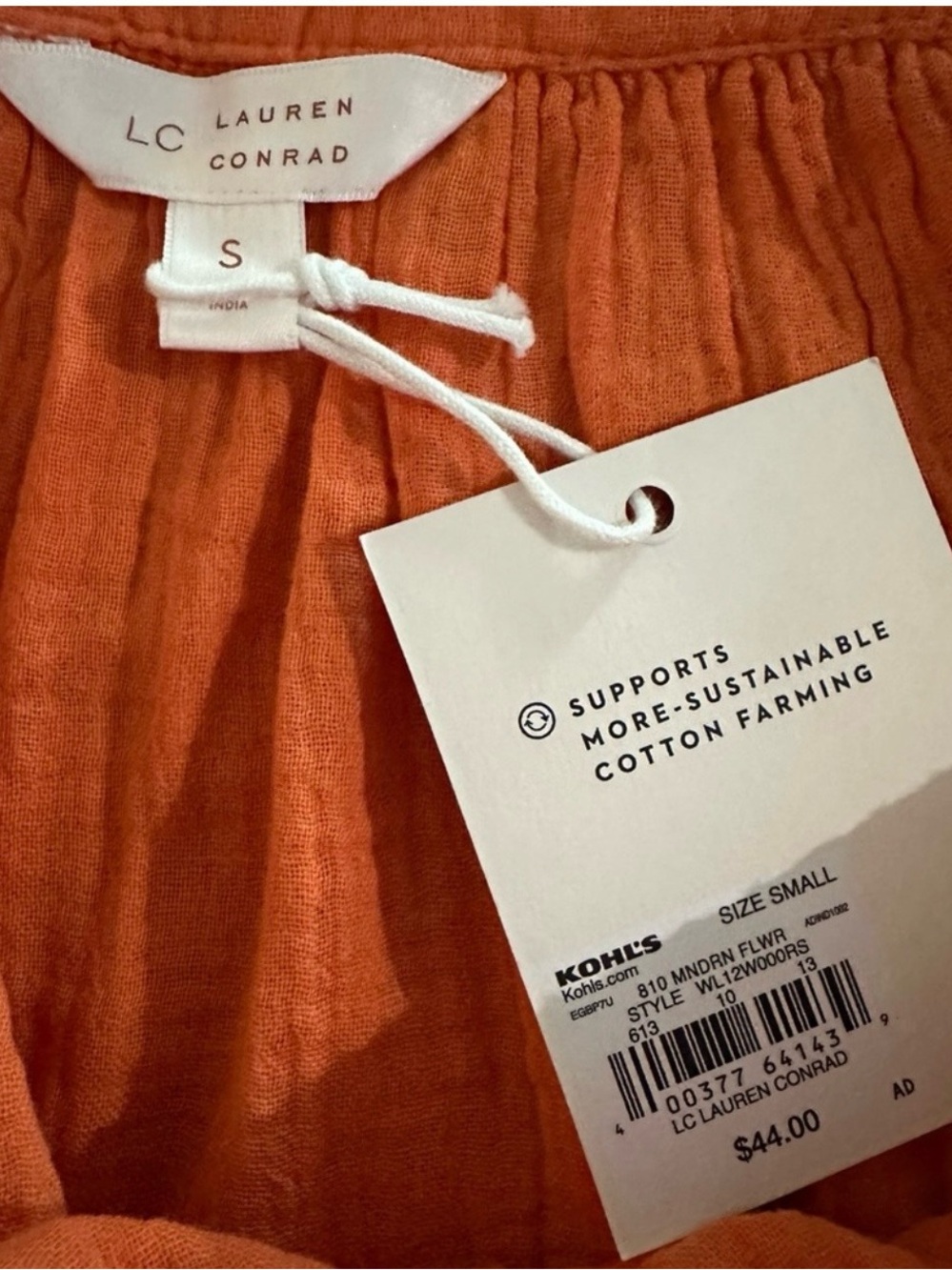 LC Lauren Conrad 100% Cotton Gauze Peasant Blouse Orange Boho NWT S - Picture 7 of 9